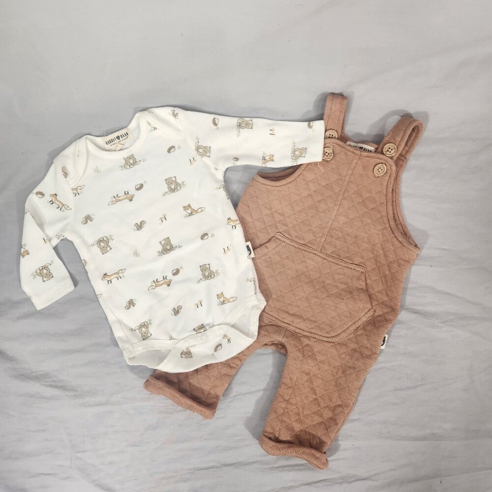Rabbit and Bear Quilted Overalls and Tee Shirt Set Baby 0 to 3 Mo Animals Brown